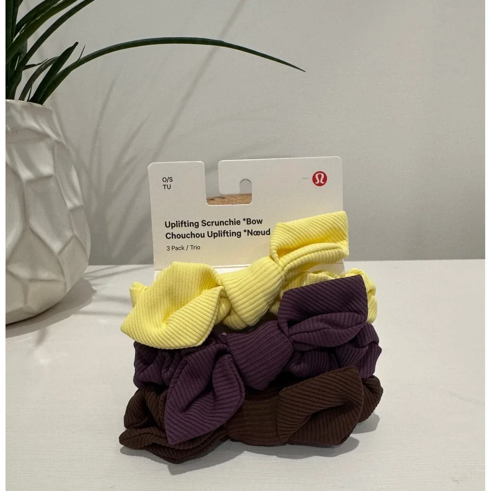 Lululemon Uplifting Scrunchie Bow 3 Pack Ribbed Yellow, Brown and Purple